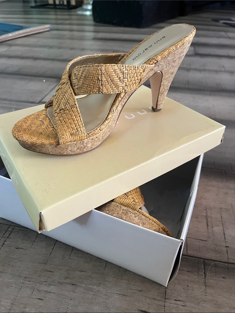 Ann Marino Woven Tan Cork Heel Slide Mules